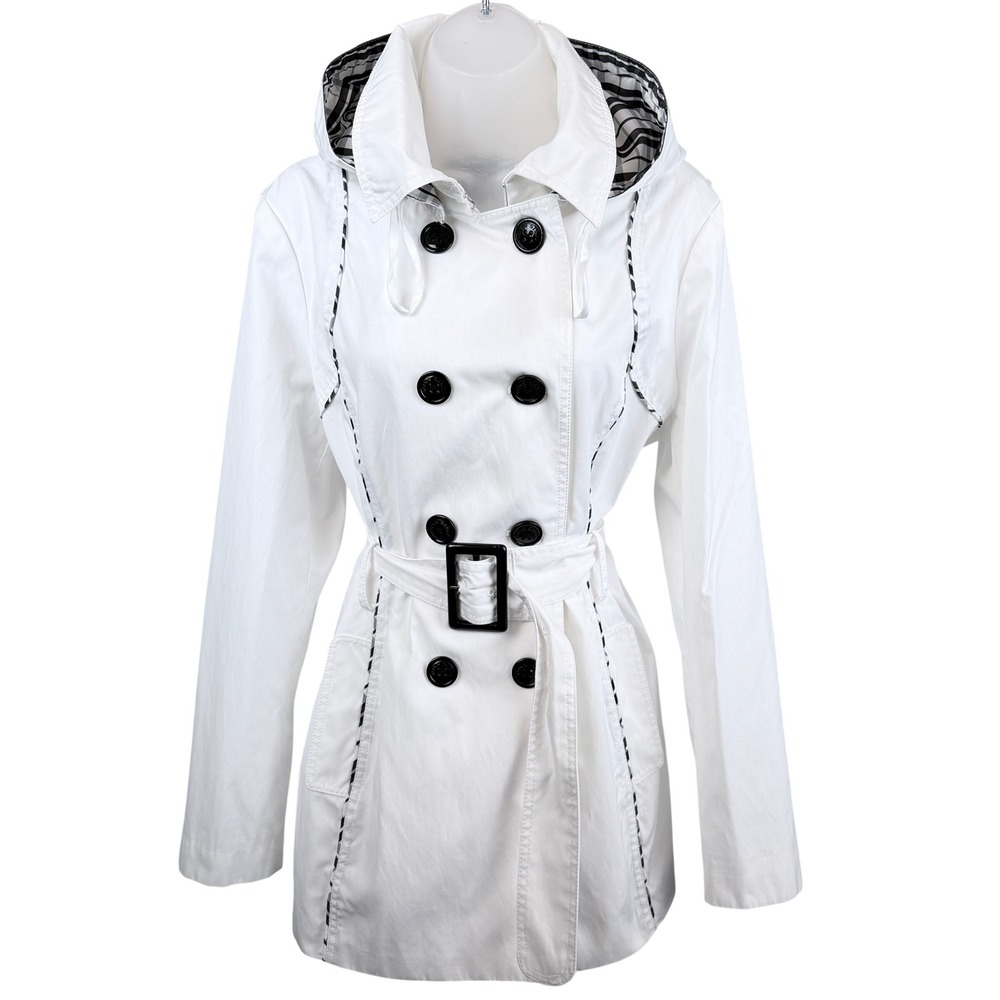 Miss Sixty M60 White Trench Coat XL Belted Plaid Hood Double Breasted Y2K
